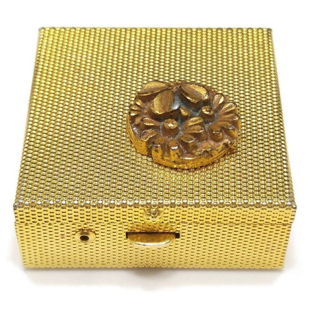 Vintage Flower Pill Box, Textured Gold Tone, Push Button Clasp, 1 3/8 Inches